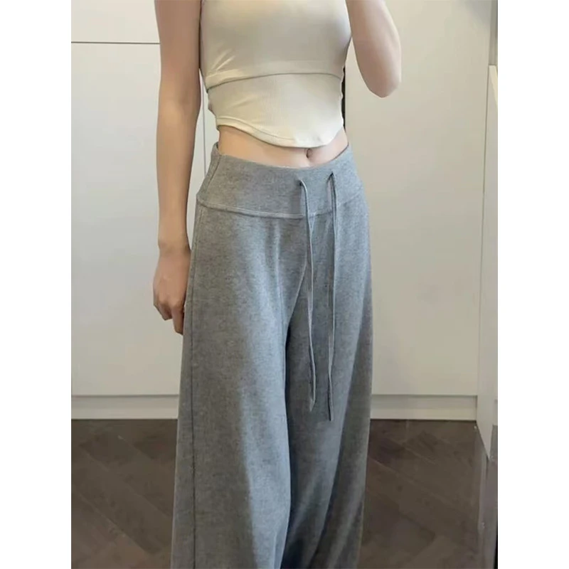 阔腿裤灰色针织糯米裤女装秋季新款高腰宽松直筒裤休闲小个子拖地