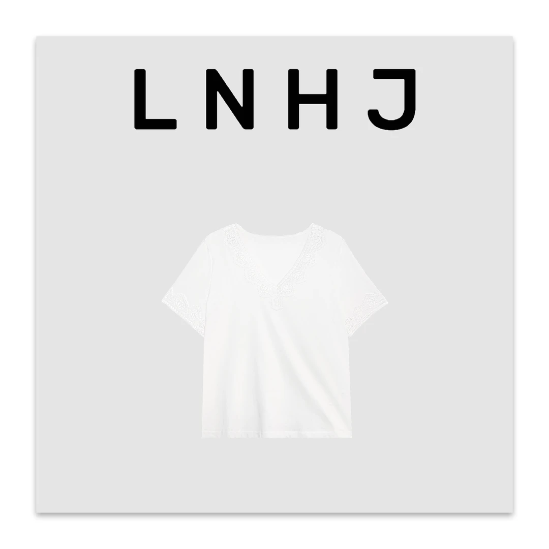 LNHJ【织补时光】重工钩花拼接v领亚麻棉短袖T恤