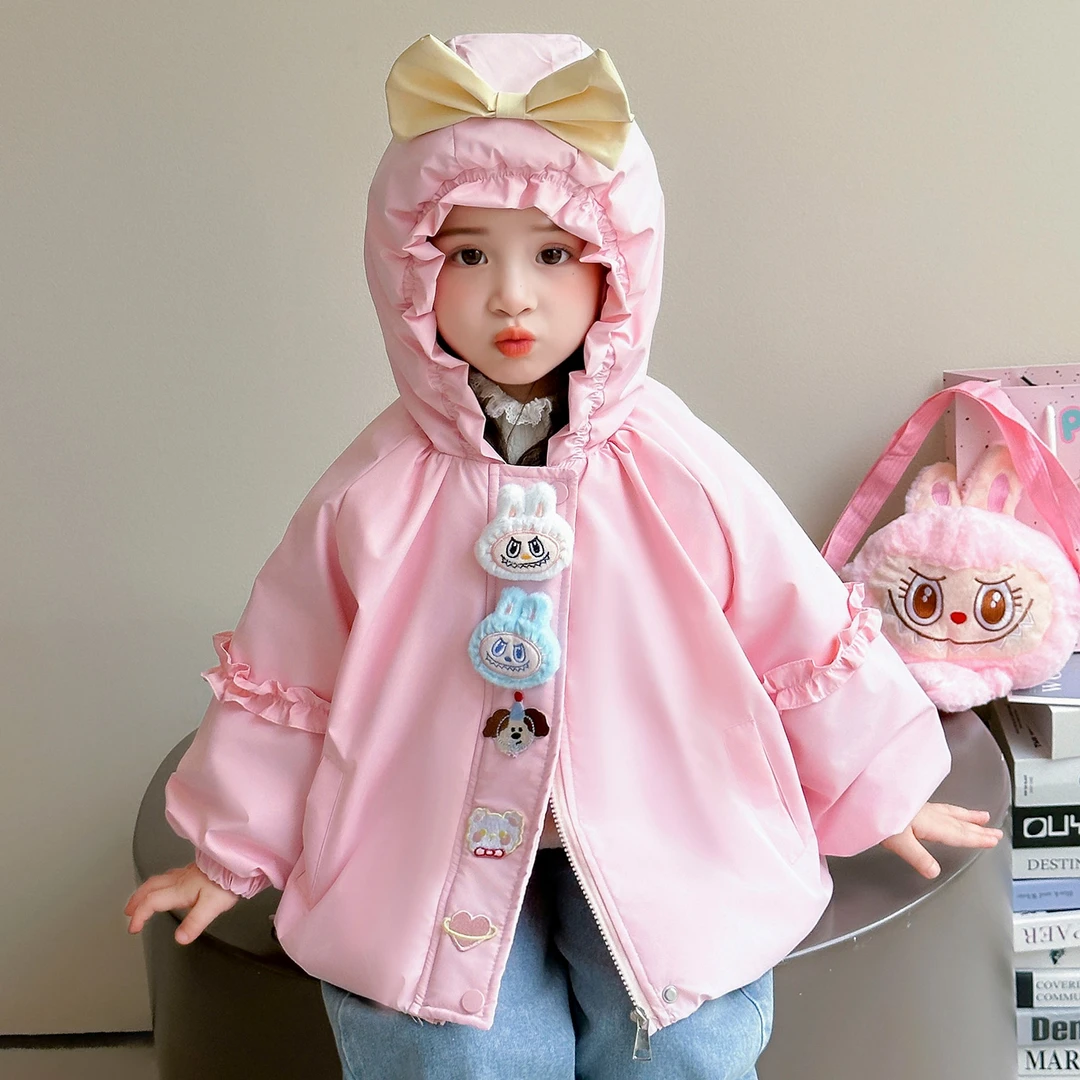 女童加绒外套2025新款儿童秋冬装韩版卡通女宝宝冬季加厚连帽上衣