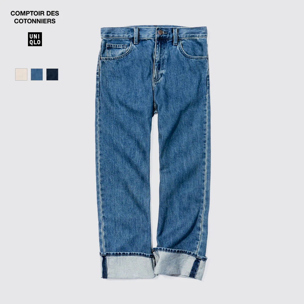 优衣库合作款/女装直筒牛仔裤/水洗产品翻边472120