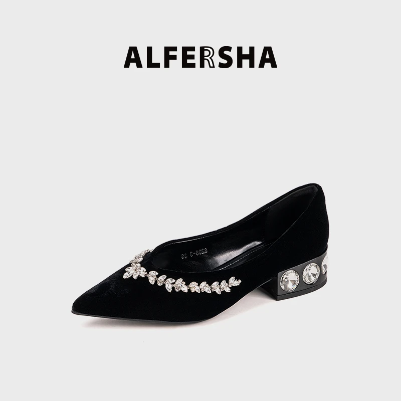 阿芙莎82083新款浅口水晶时尚粗跟单鞋春款B