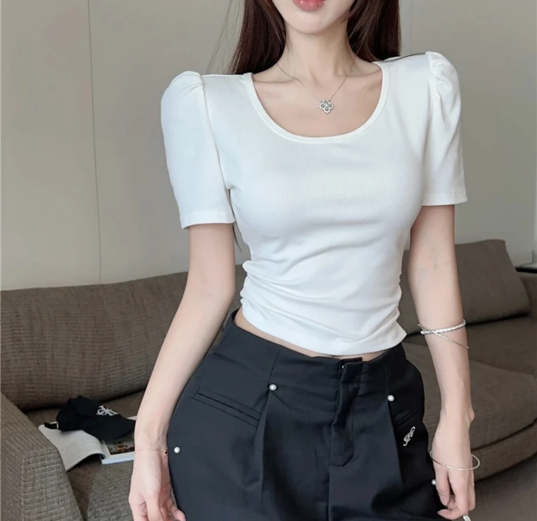 白色低领紧身女款春夏T恤ins紧身短袖方领露脐短款