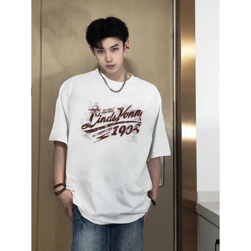 国潮牌美式阴影字母印花短袖t恤男春夏新款纯棉重磅宽松上衣休闲