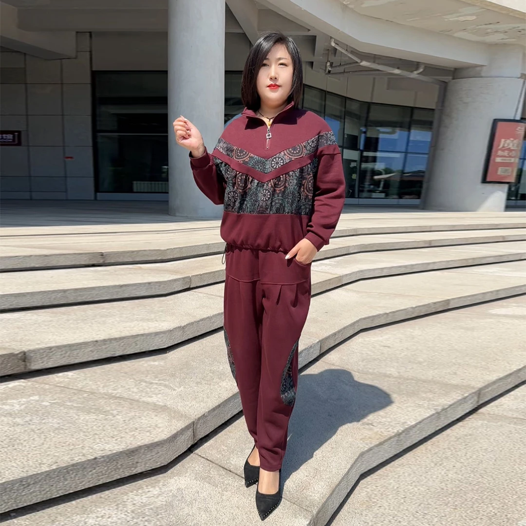 网红爆款2025春秋款时尚显瘦罗马棉拼接印花大码套装加厚宽松休闲