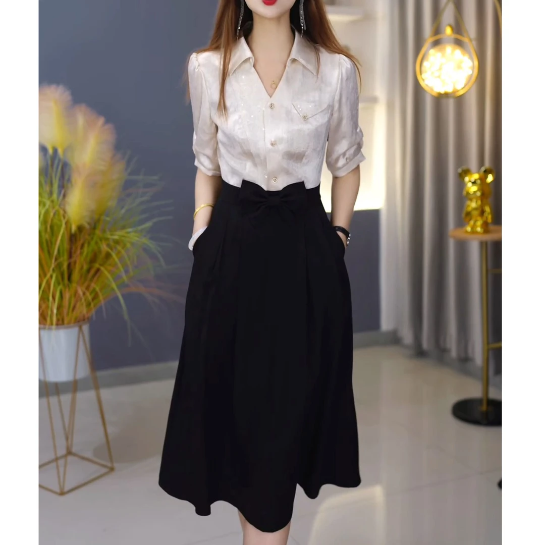 夏新款百搭气质韩版假两件连衣裙贵气减龄日常蝴蝶结简约收腰长裙