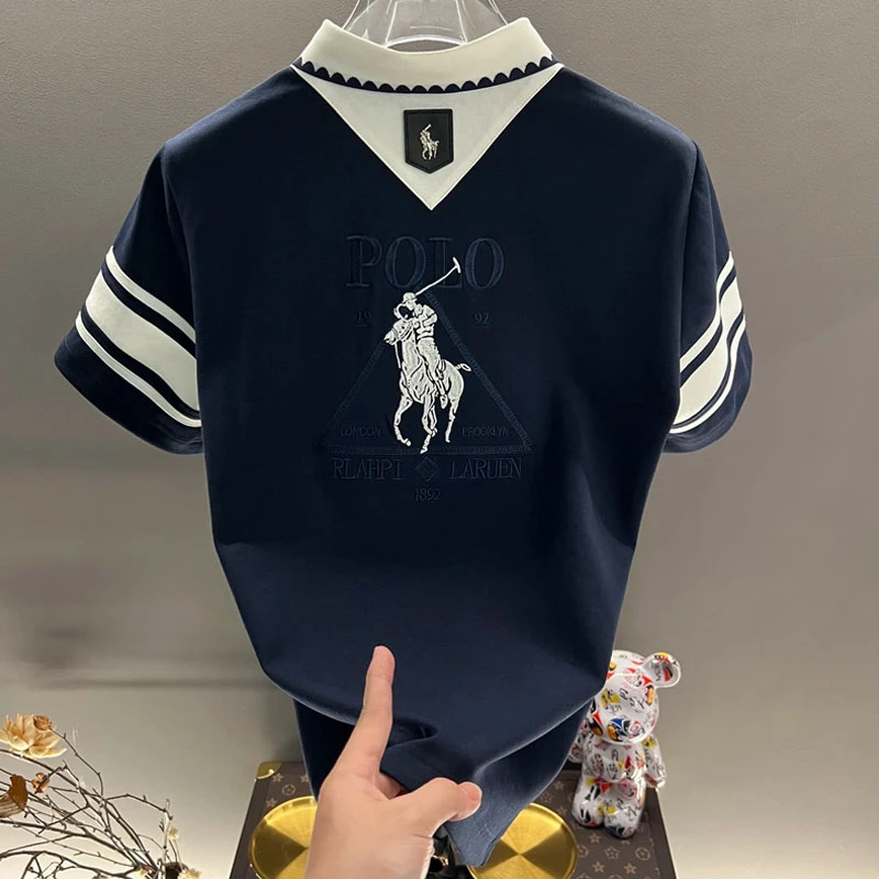 欧洲站轻奢高定大牌男装上衣2025夏季新款字母刺绣撞色宽松体恤潮