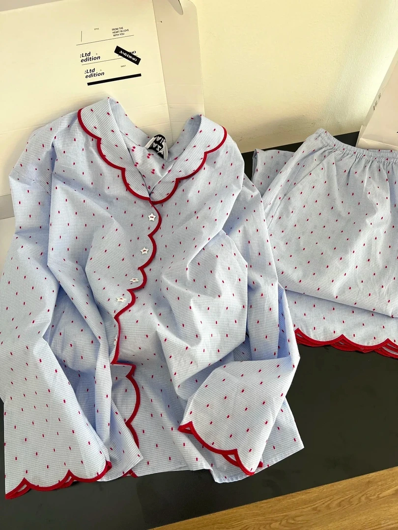 ins甜美高级感波点休闲长袖睡衣女春秋2025新款套装可外穿家居服