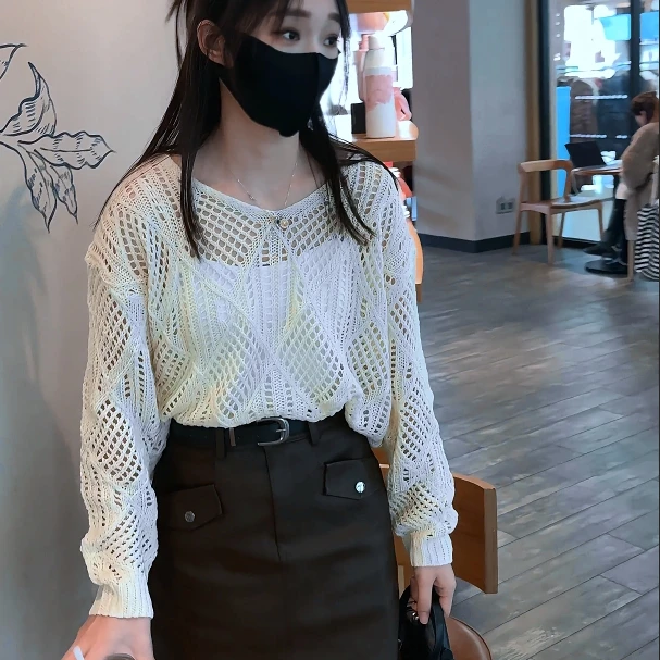慵懒风韩系新款镂空洋气宽松薄款显瘦罩衫气质百搭长袖针织衫