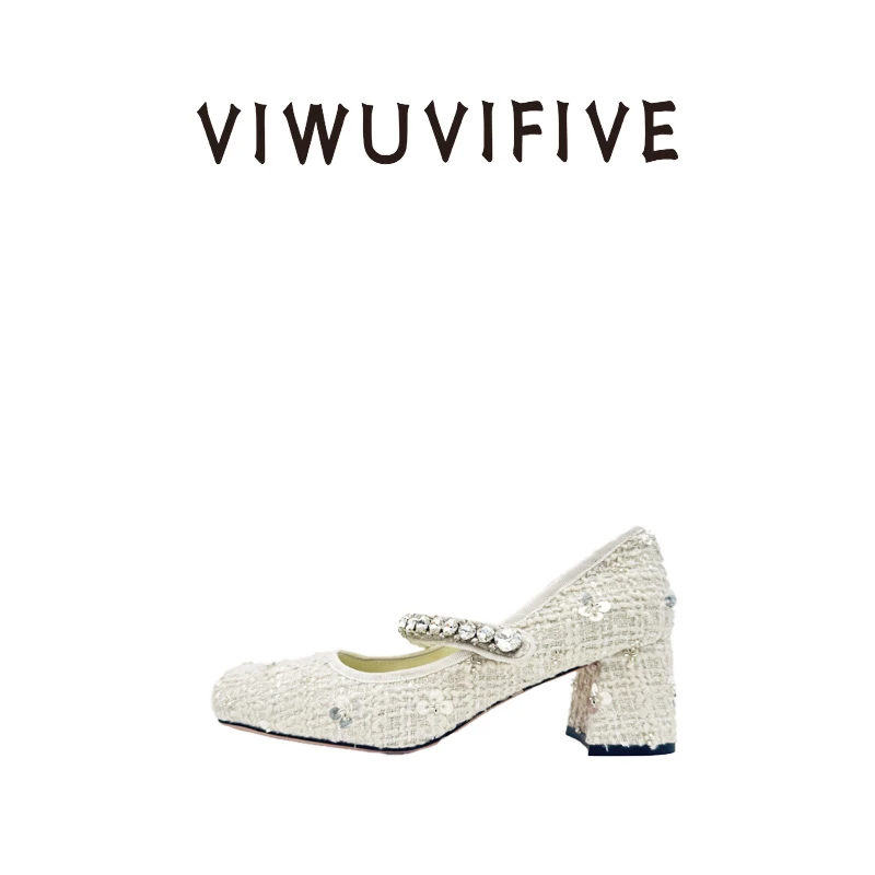 V5 VIWU.VIFIVE「小香·高跟」25新款欧若风粗跟玛丽珍香风布缝女鞋