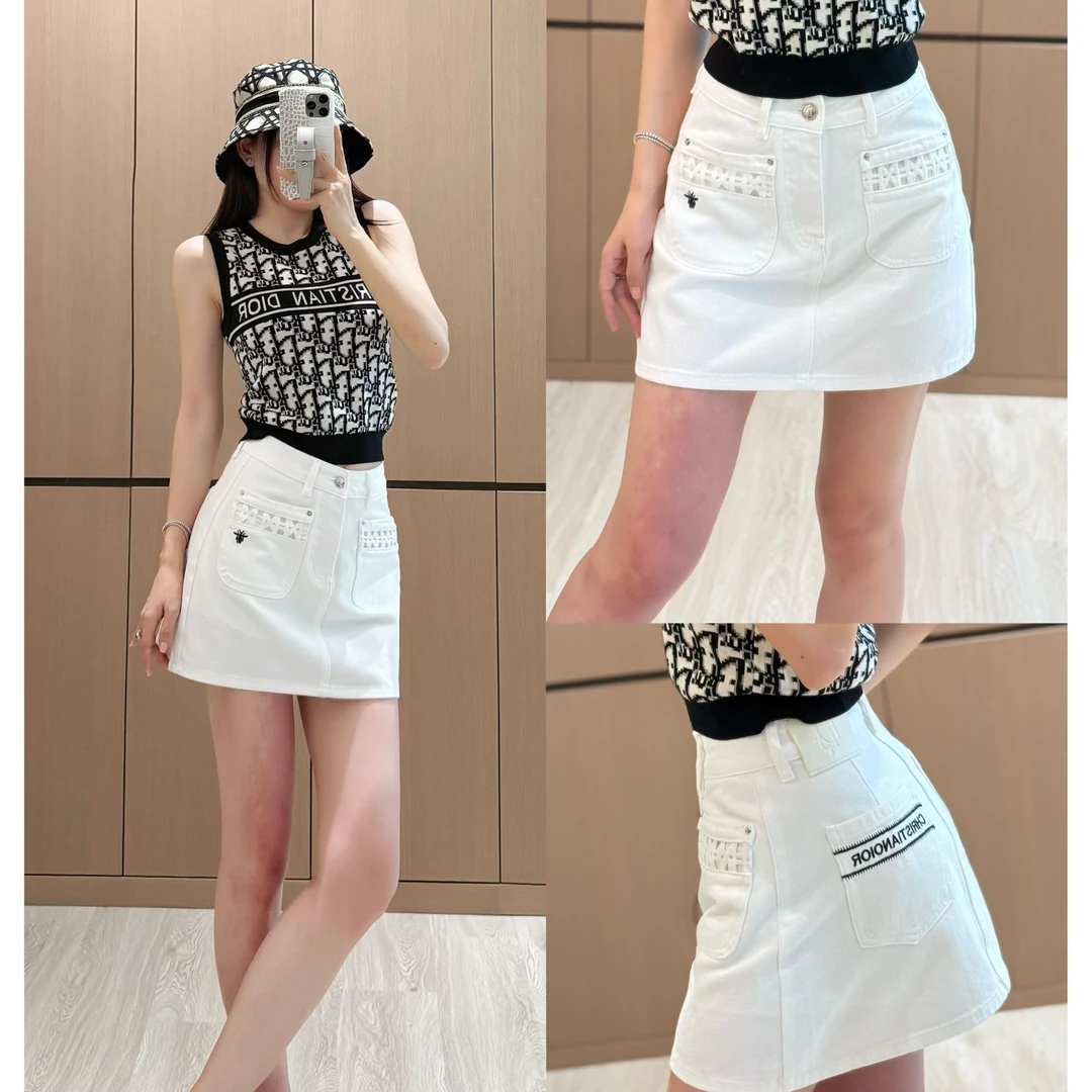 【SEVENWANG】D*R蜜蜂绣夏季新款白色A字半身裙9691