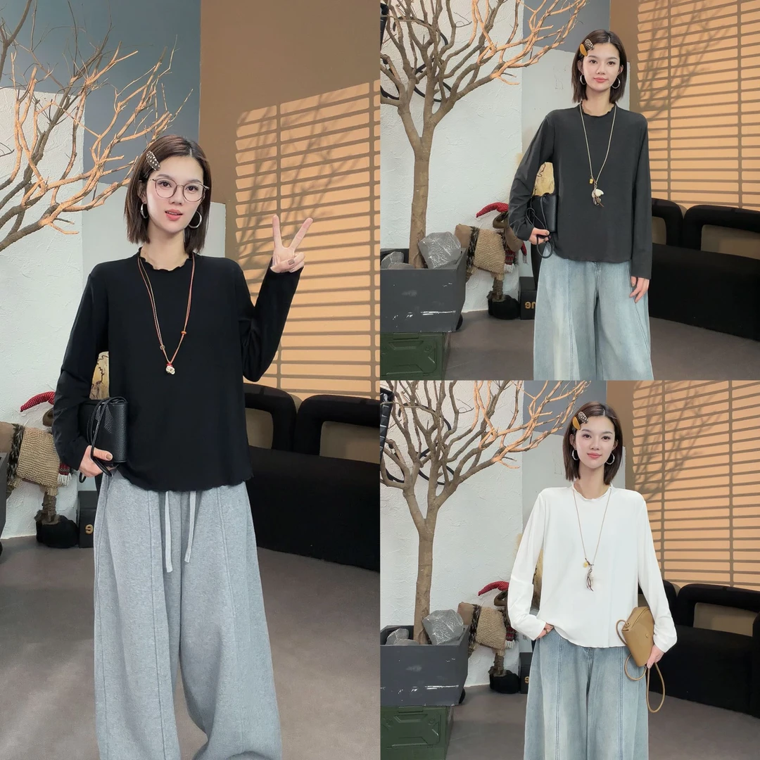 【SI MO】99830冬季新款极简木耳边内里加绒高弹百搭上衣