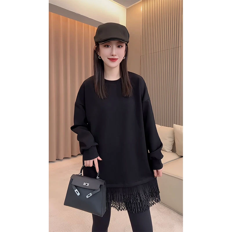 欧货2025秋冬新款时尚卫衣拼接蕾丝花边中长款气质洋气减龄上衣女