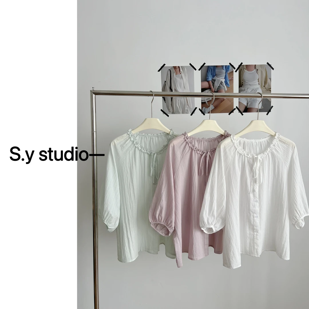 颖小颖  韩系轻薄设计感系带宽松减龄纯色透气荷叶边圆领衬衫女