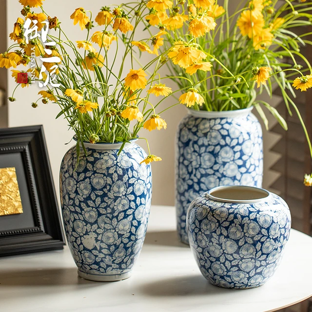 御三泥青花瓷中式简约插鲜花干花花瓶家居客厅装饰品陶瓷摆件