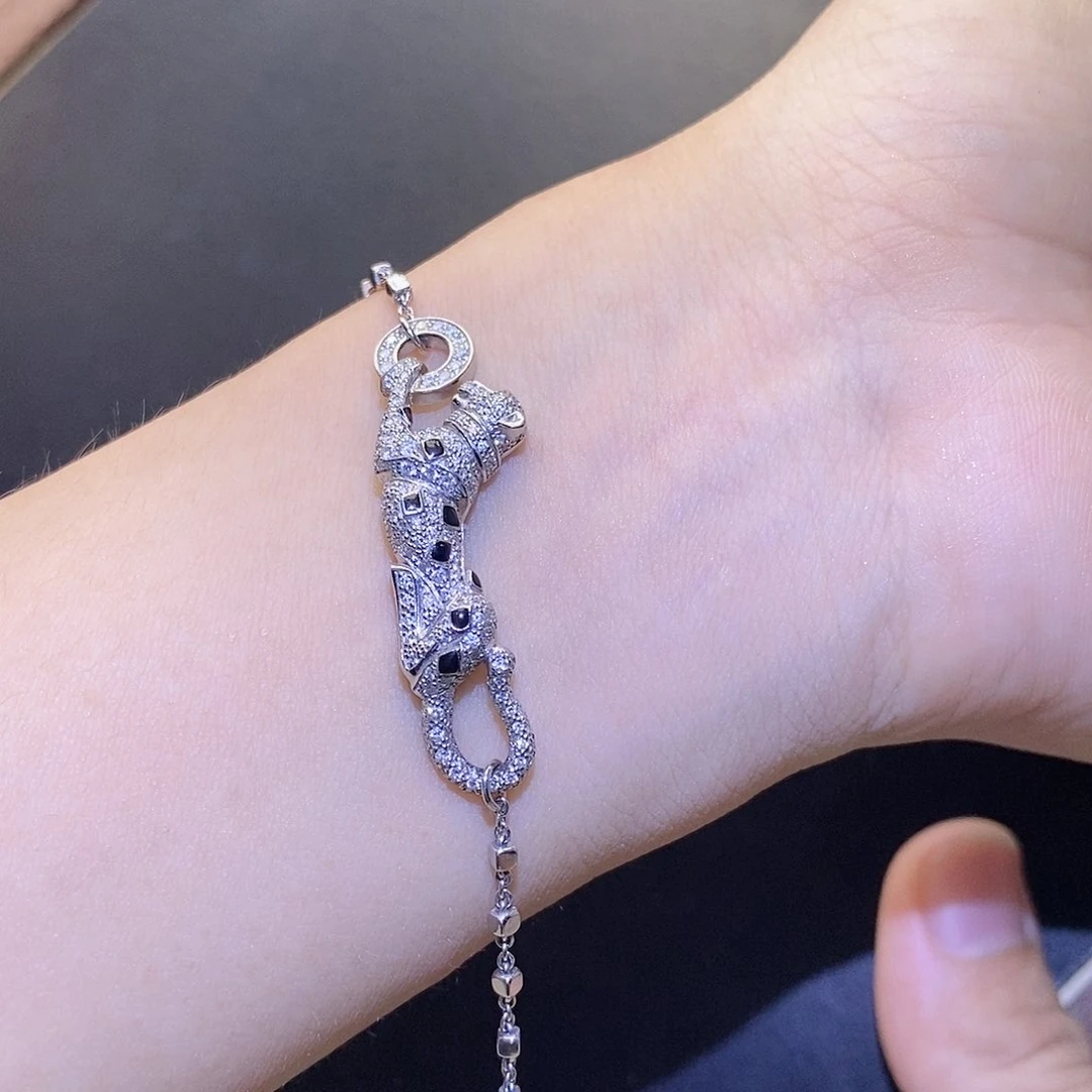 手链18K金镶嵌钻石金钱豹手链k白祖母绿珐琅工艺