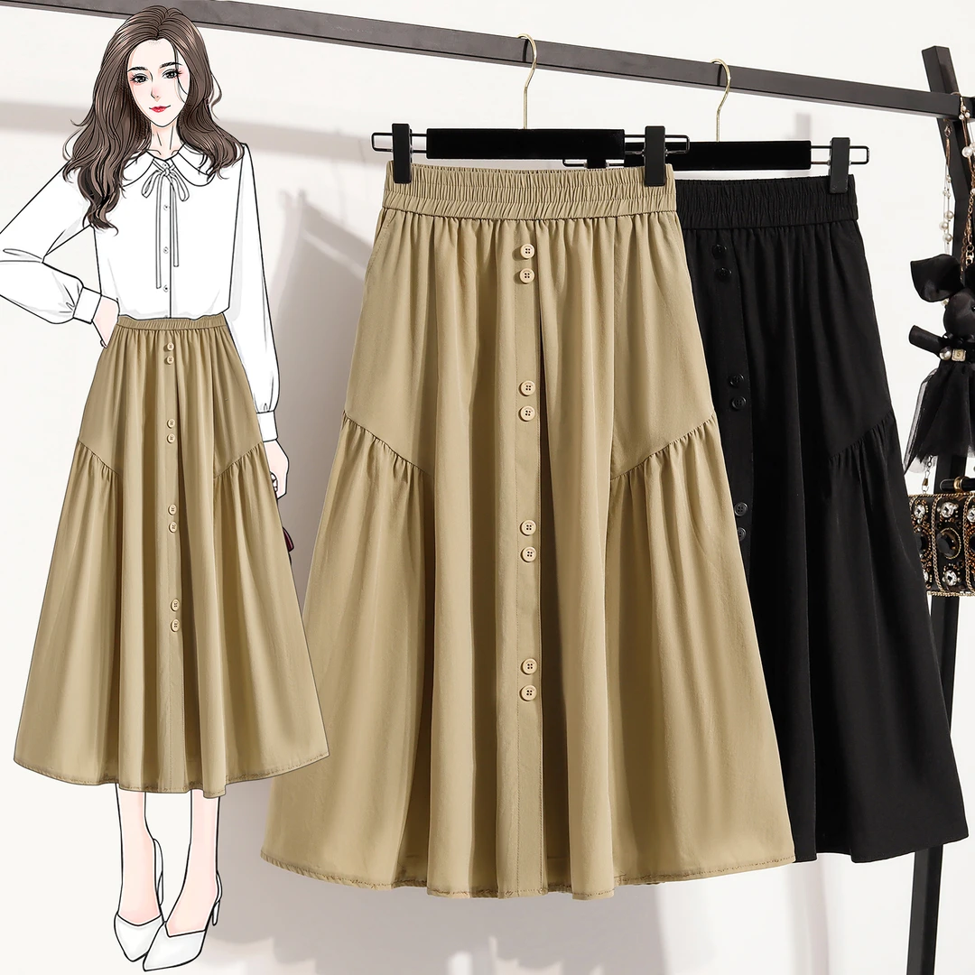 【小曹大码】春秋新款口袋休闲中长裙子显瘦高腰半裙-ARE5520