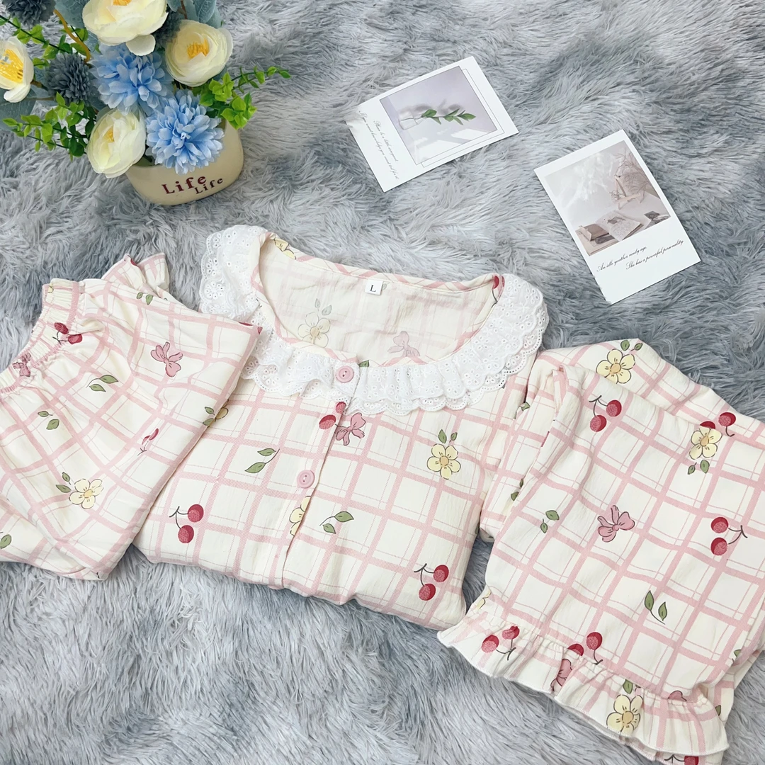 【R641】夏款夏日粉格短袖短裤+长裤三件套+胸垫【开衫款】