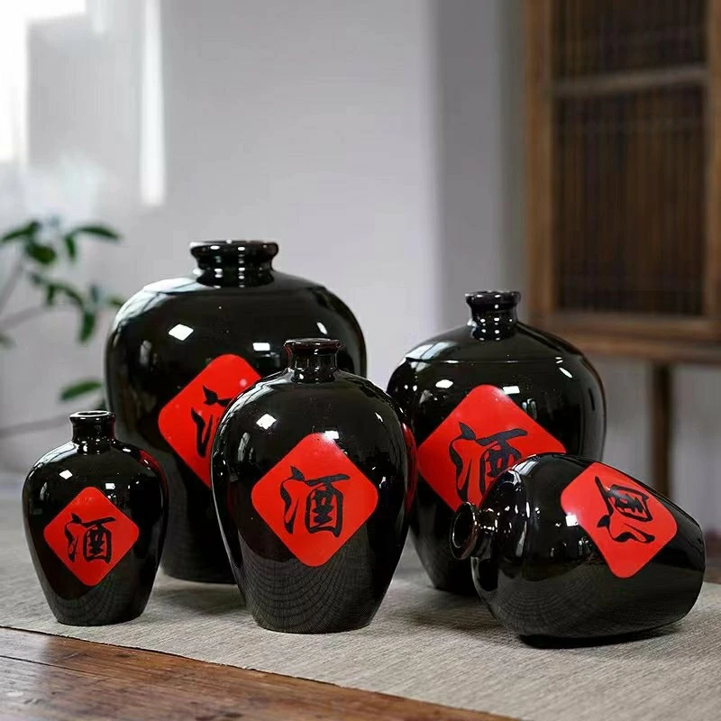 宜兴酒坛土陶黑色酒字陶瓷酒瓶123510斤装密封无铅空瓶子直销一件
