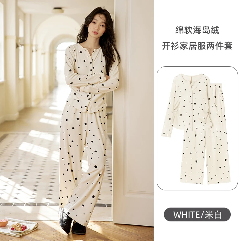 2025新款星星爆款睡衣女士加绒加厚保暖海岛绒秋冬季珊瑚绒家居服