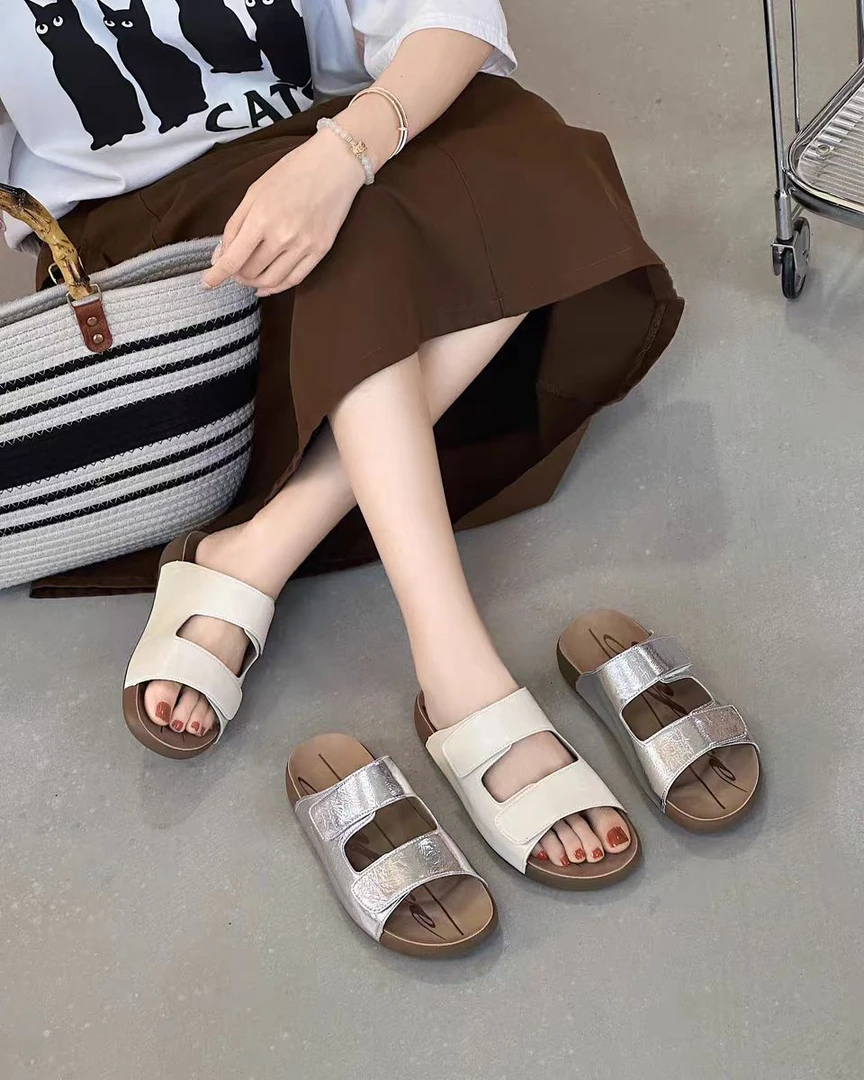 ZF59-3-2025年夏季新款勃肯鞋魔术贴平底凉拖外穿厚底凉鞋半拖鞋