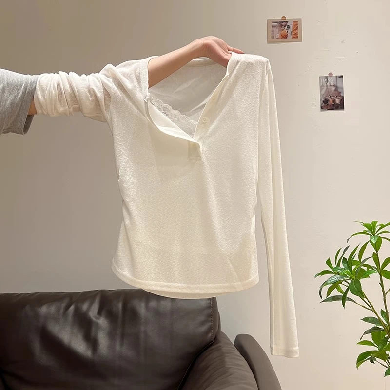 假两件V领蕾丝拼接薄款微透防晒罩衫长袖T恤女春夏设计感小众上衣