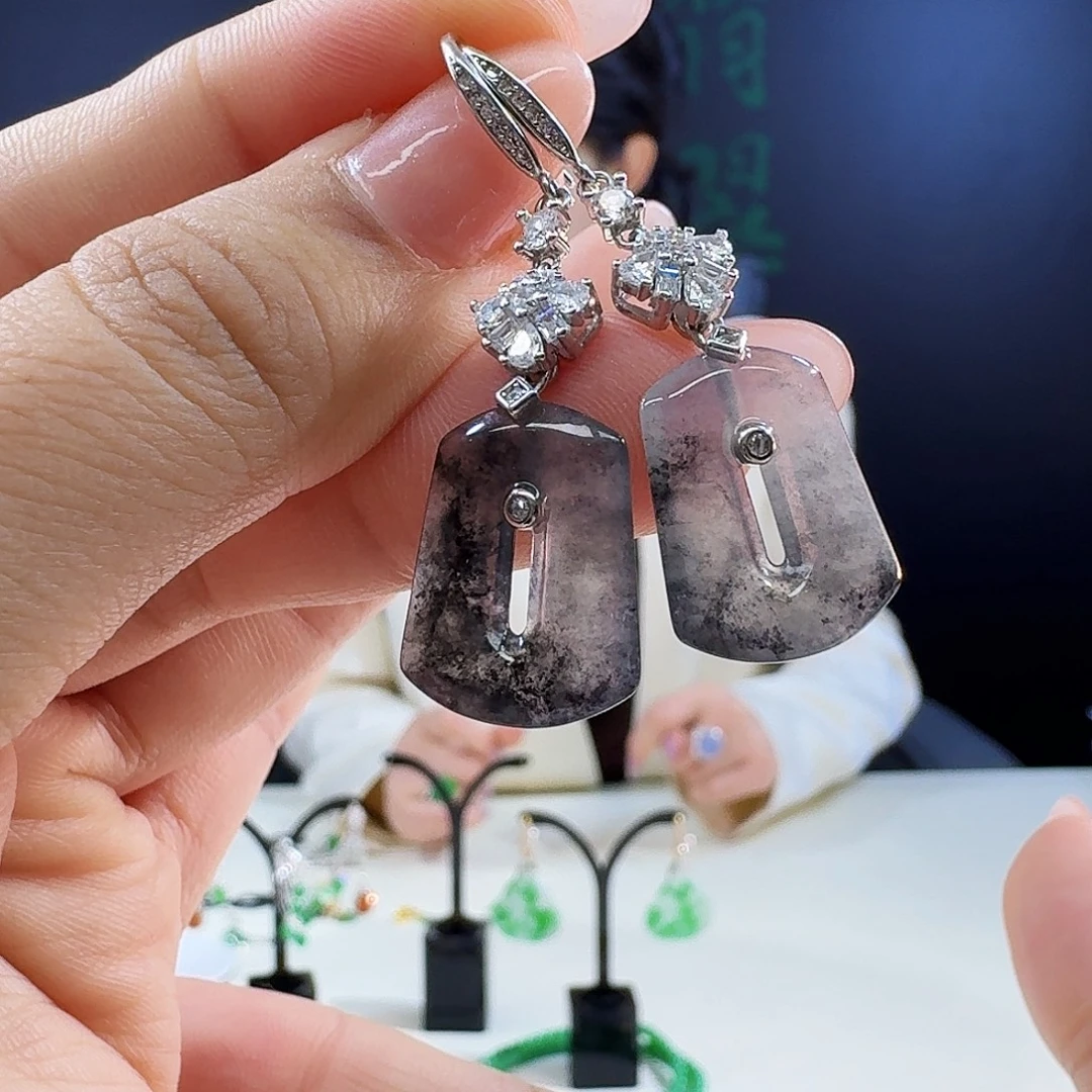 翡翠银S925镶嵌耳饰925镶嵌