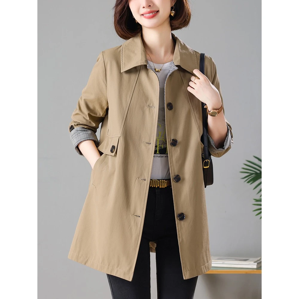 气质翻领中长款风衣女大衣春秋季新款中年妈妈装休闲宽松大码外套