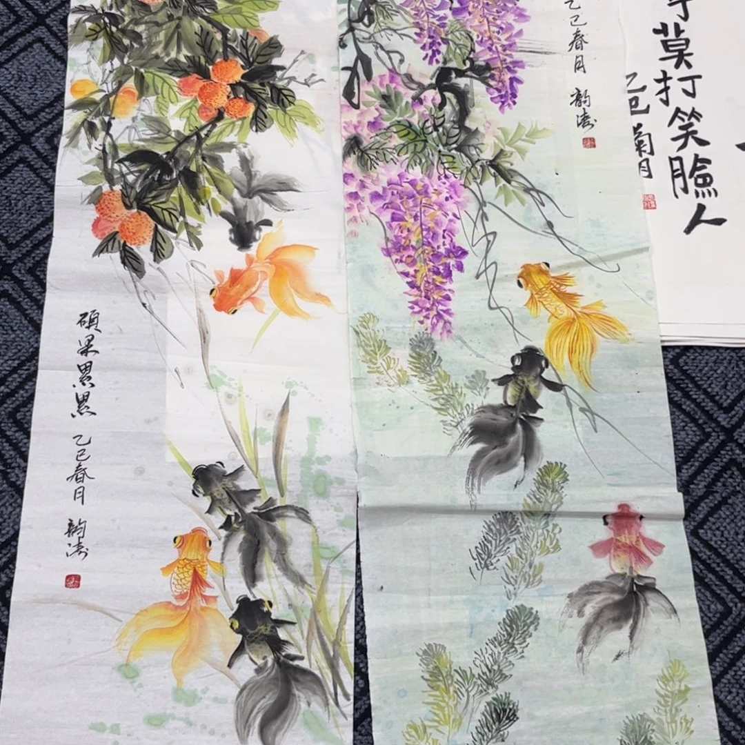 渔***子国画龚韵涛老师四尺对开花鸟旭2