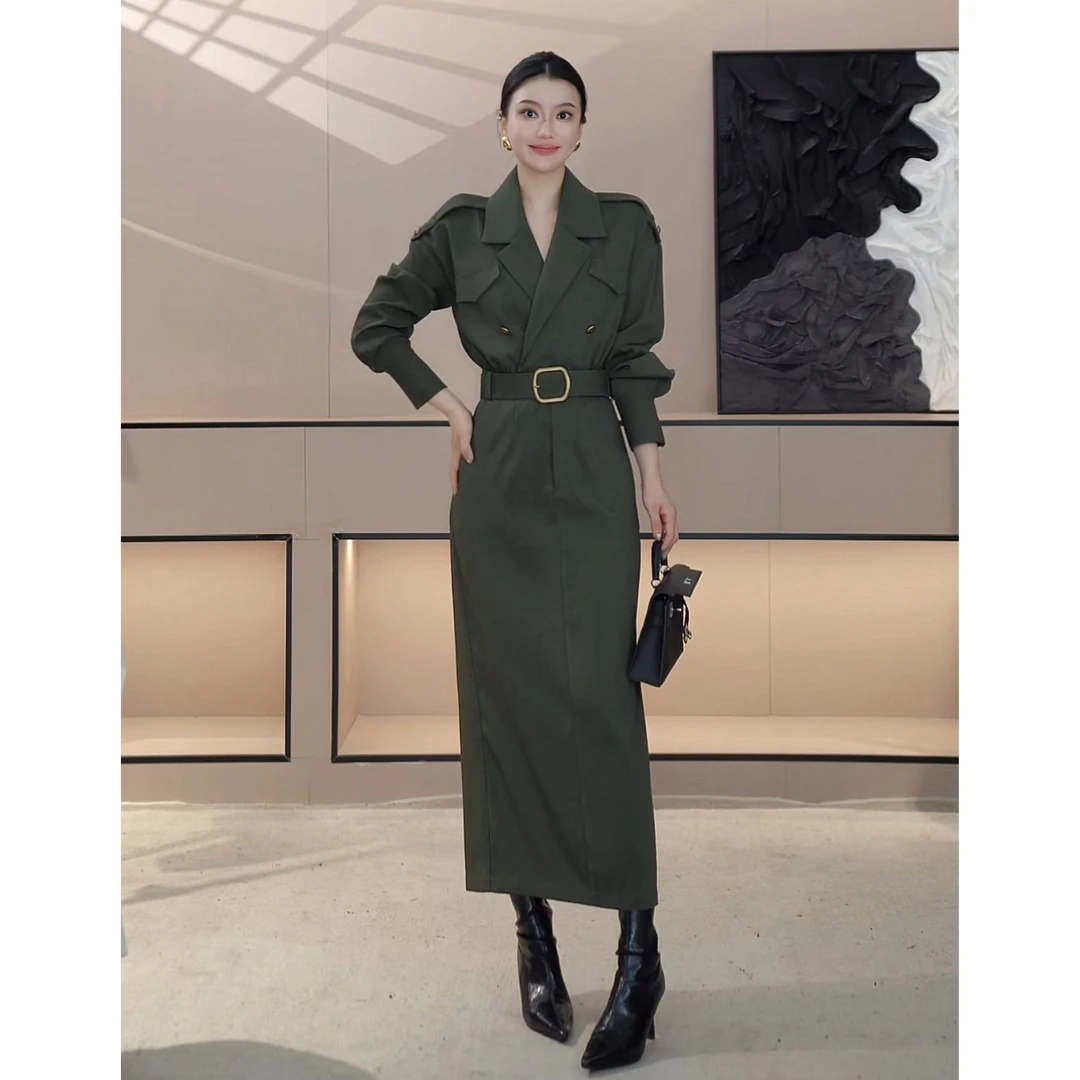 【风纪序列】秋季复古中长款设计师轻奢女王风衣连衣裙HBZX621306