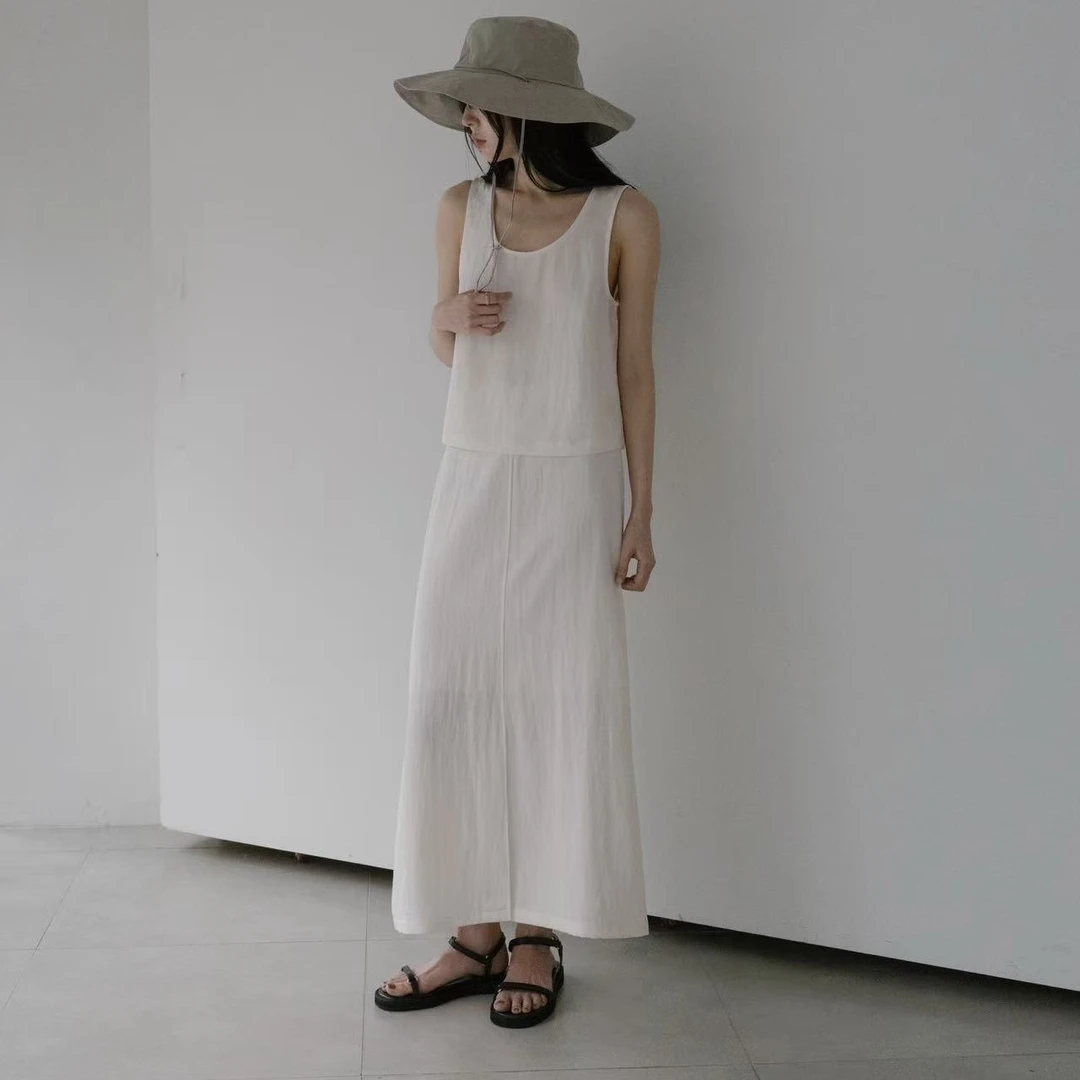 NO退NO换P-306-圆领休闲无袖衬衫背心+半身裙套装春夏款