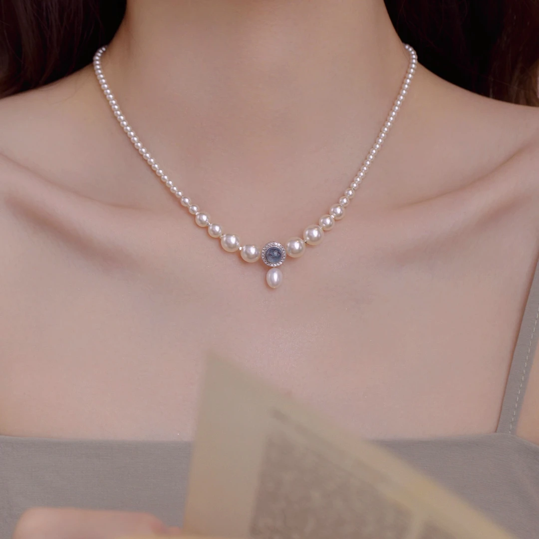 合金项链 YIZUN.CHOMEL蓝贝珠项链小众设计感颈链新款高级百搭