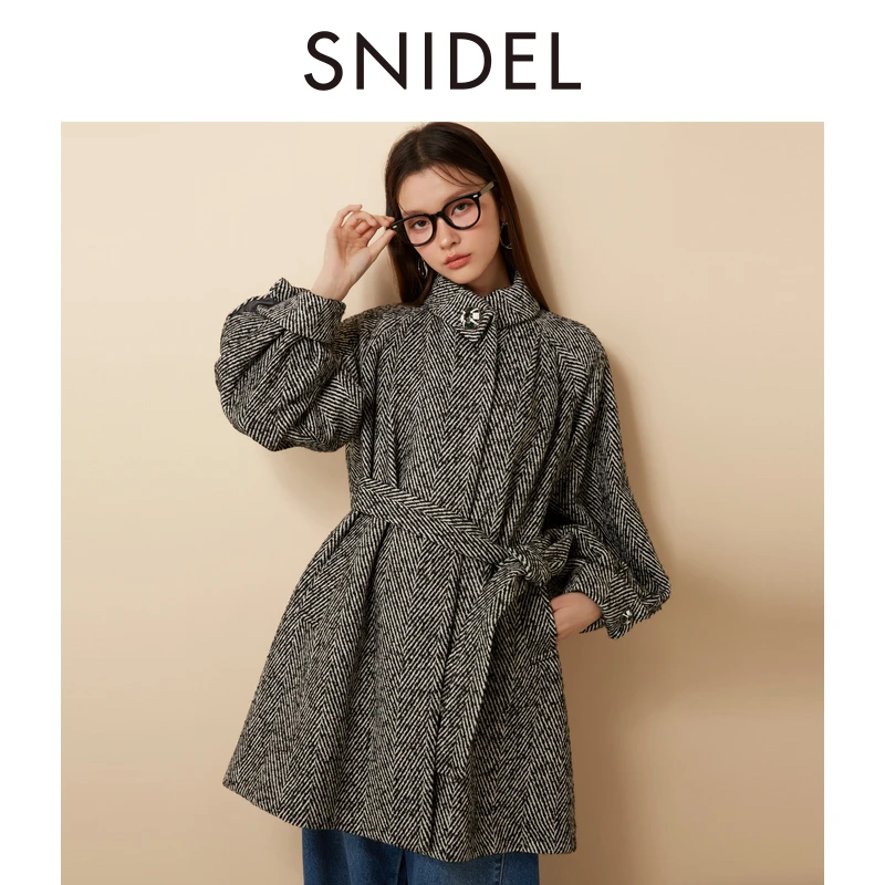 SNIDEL2024冬季新品厚款氛围感立领系带A字羊毛呢大衣SWFC244306