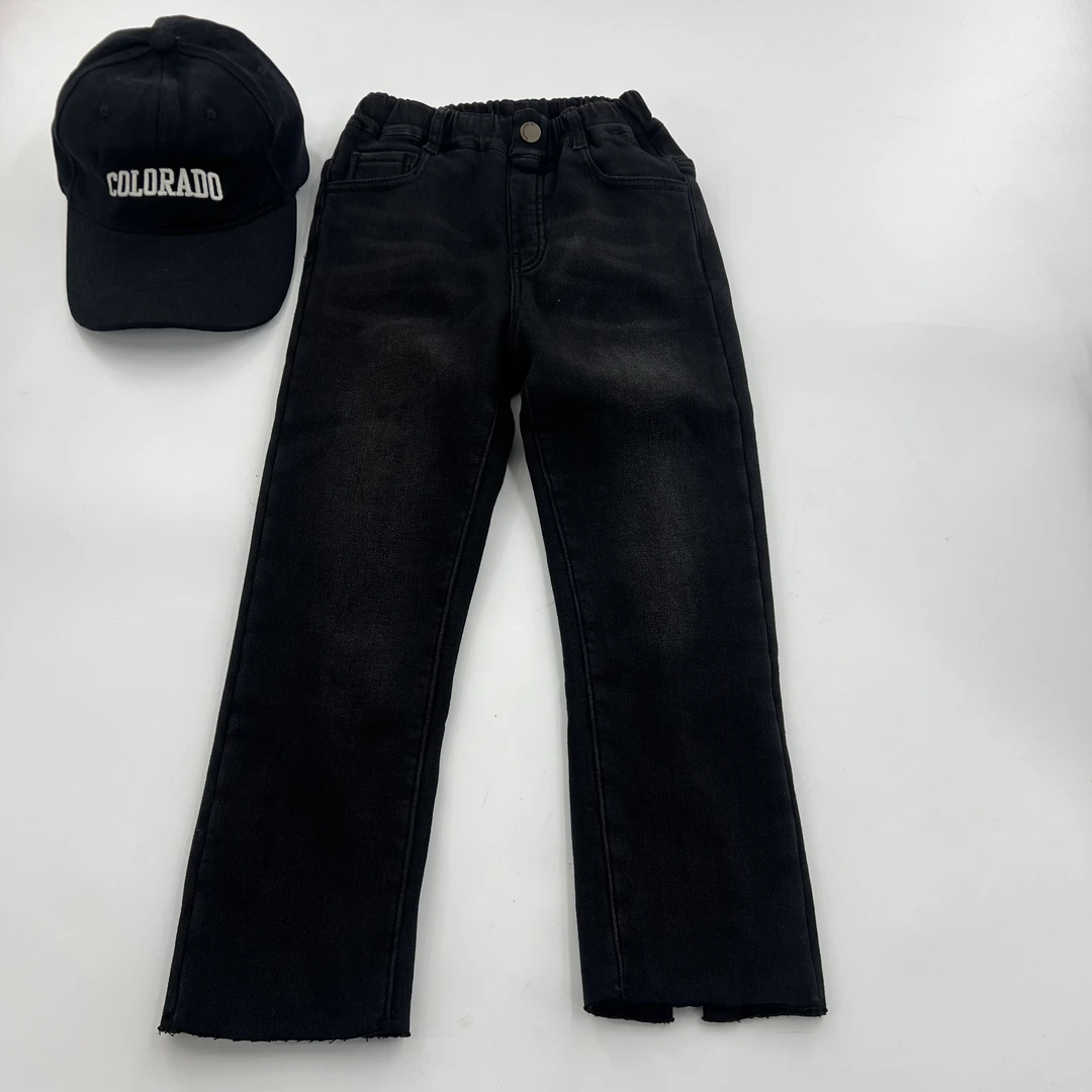 16291高端潮流百搭休闲童装时尚加绒中童牛仔裤黑C2-4-2