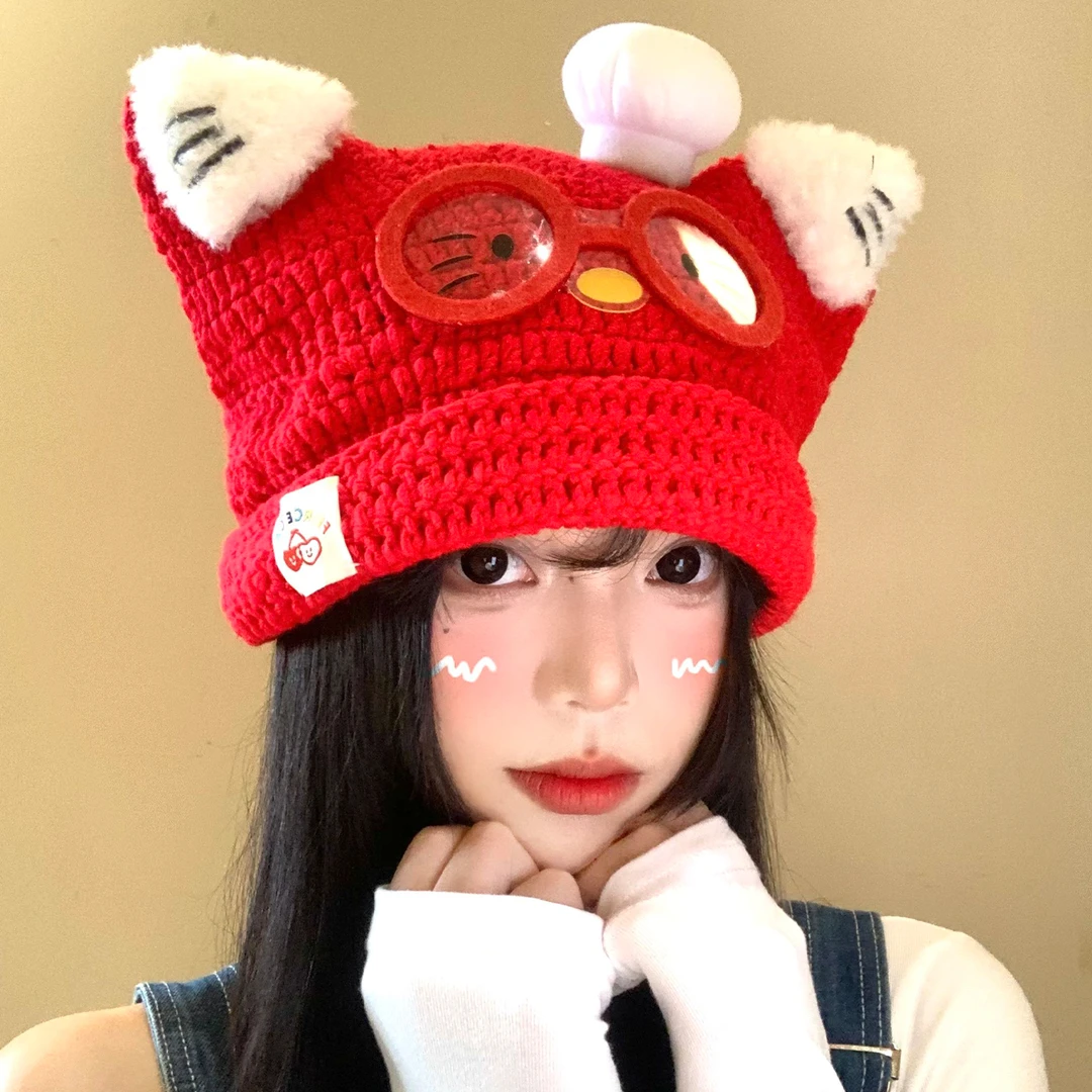 可爱眼镜Kitty猫针织帽子女秋冬甜美显脸小套头帽保暖红色毛线帽