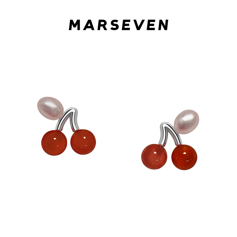MARSEVEN 铜合金耳饰  闪光派对系列红色樱桃耳钉小众设计耳饰