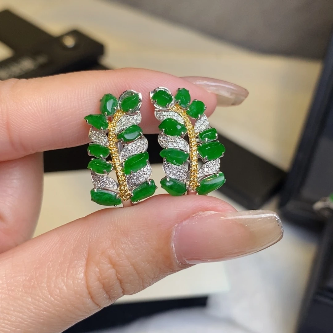 翡翠耳饰18K金镶嵌随形麦穗耳扣