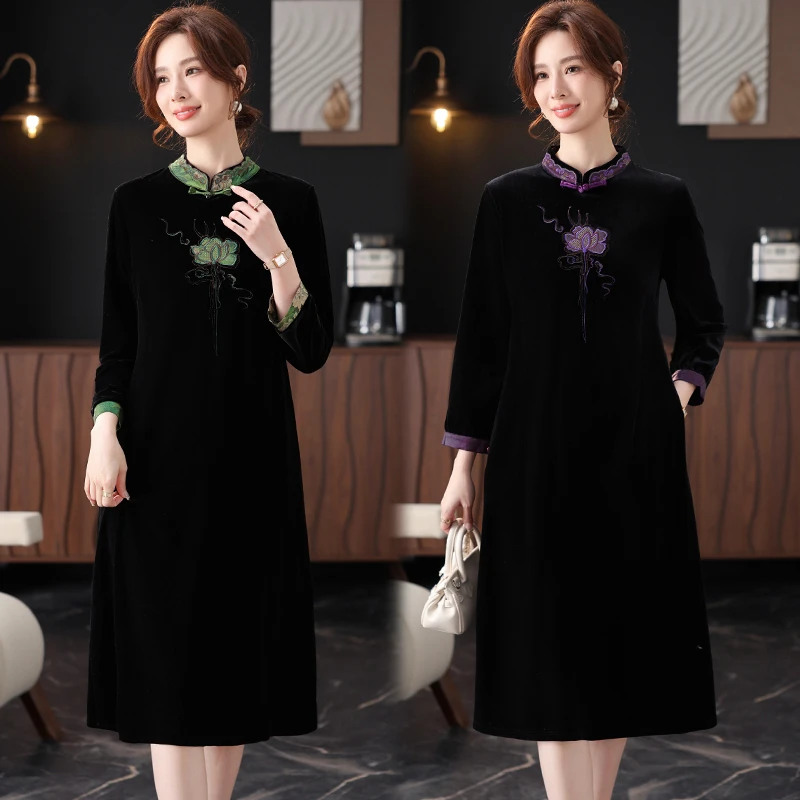 新中式国风连衣裙妈妈2025春装新款中老年女春秋时尚裙子中长款