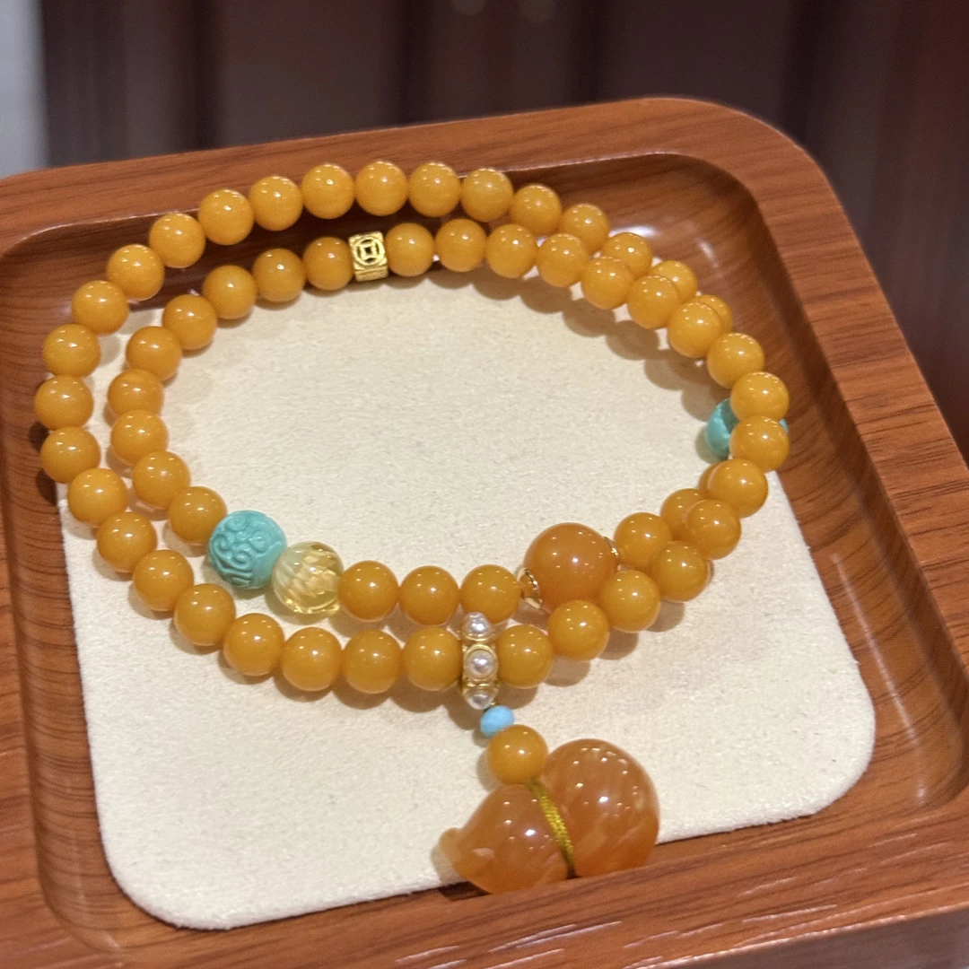 俄料鸡油黄帝王黄双圈正圆珠蜜蜡手串358