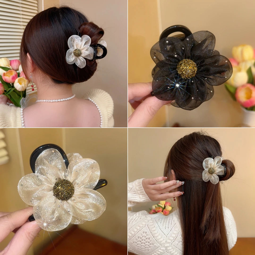 气质闪钻网纱水钻花朵盘发抓夹流行后脑勺泡泡鲨鱼2025年流行抓夹