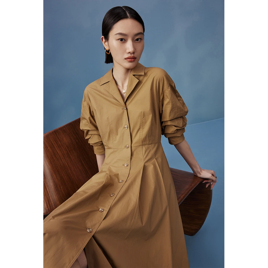 【珊珊专属】全棉堆堆袖连衣裙女夏季时尚大摆中长款衬衫裙