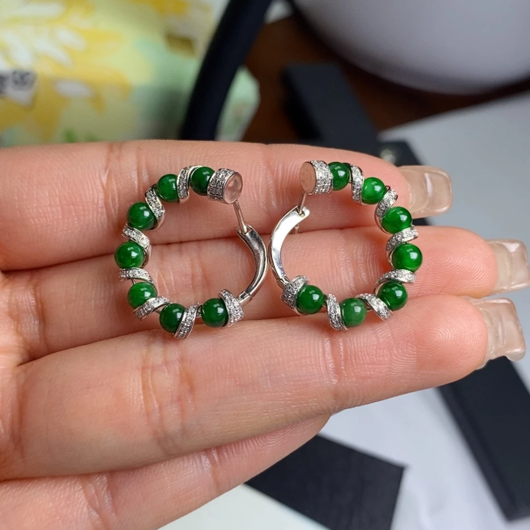 翡翠耳饰18K金镶嵌设计款小米珠耳包