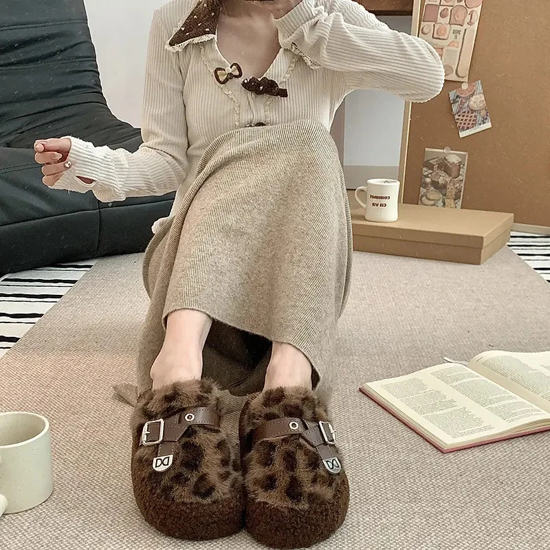 包头半拖鞋女2025秋冬保暖棉拖鞋可外穿厚底半包豹纹毛毛棉拖室内