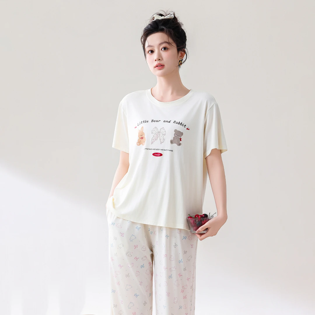 短袖长裤两件套女睡衣套装大气夏季新款宽松透气休闲可外穿家居服