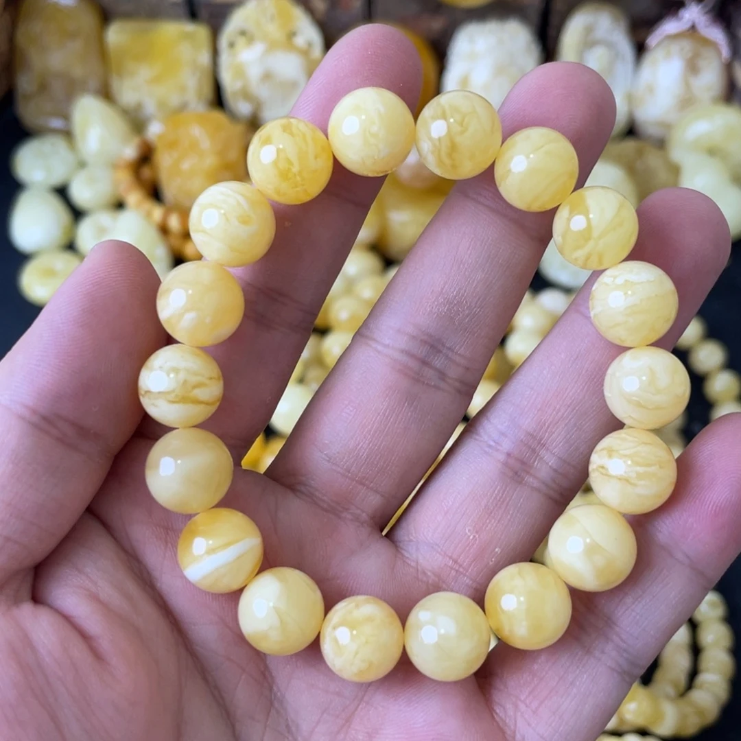 手链琥珀未镶嵌11+俄料虎皮妖白花圆珠手串