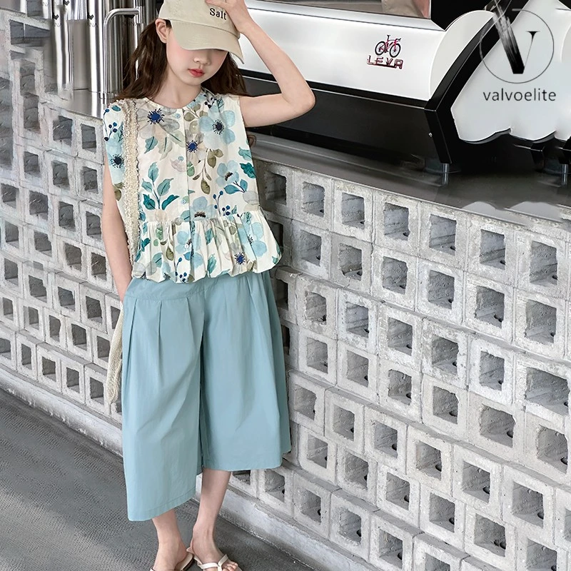 VALVOELITE女童碎花套装夏季新款短袖印花衬衫韩版薄款七分裤两件