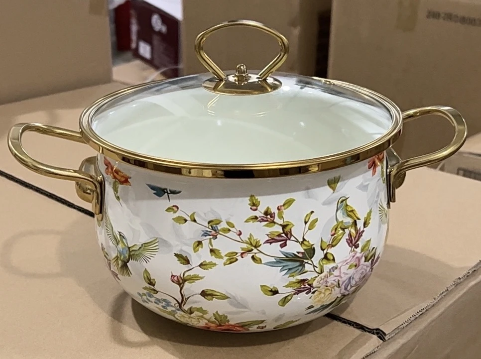 出口22公分鸟语花香搪瓷汤锅