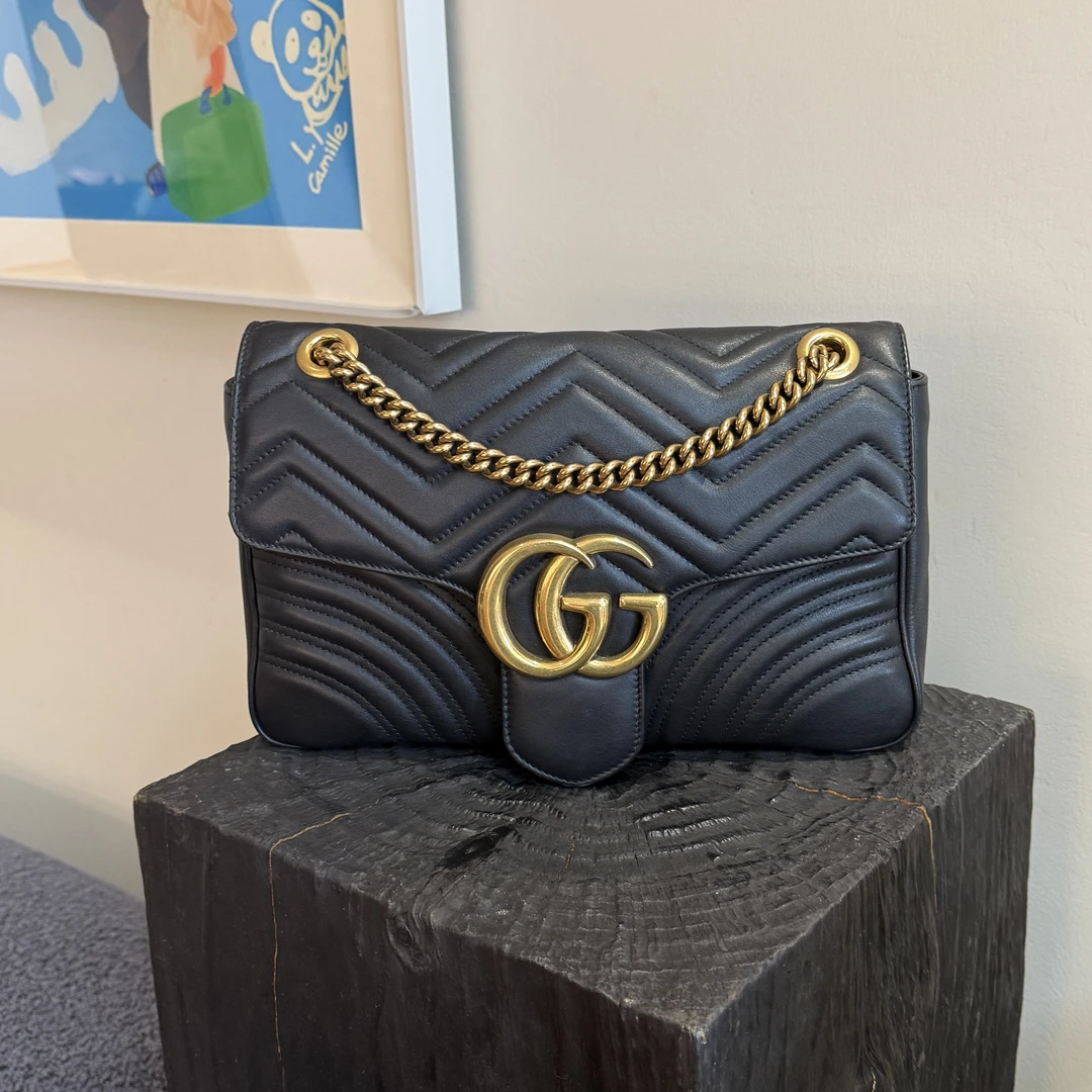95新 GUCCI/古驰 马蒙31大号黑金牛皮链条包单肩斜挎经典翻盖