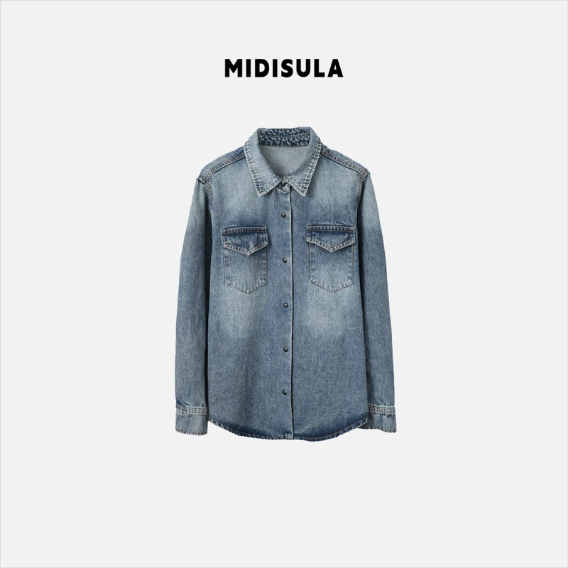 【H.MDSL】通勤水洗简约宽松上衣牛仔衬衫两口袋叶#0338