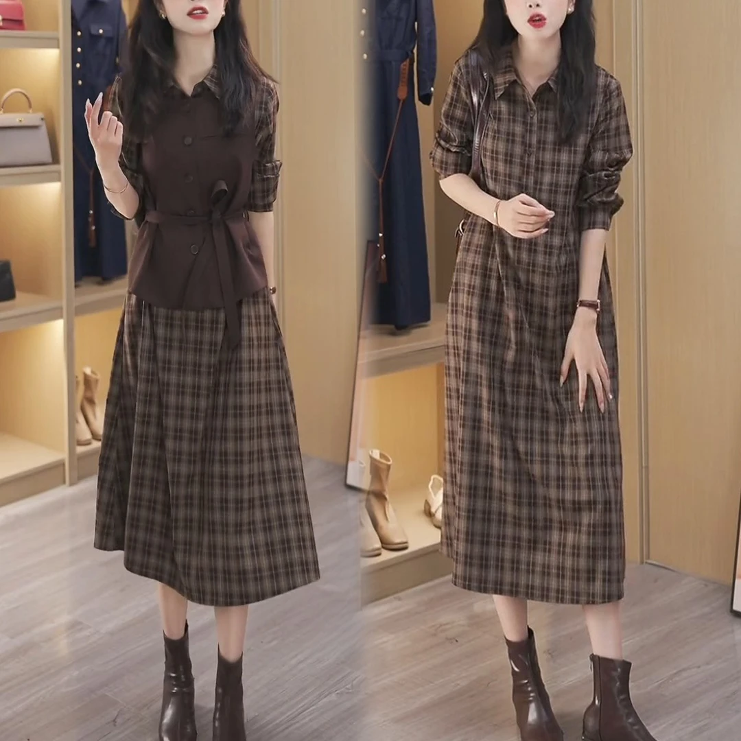 秋季新款气质设计感长袖显瘦套装时尚格子连衣裙马甲上衣两件套女