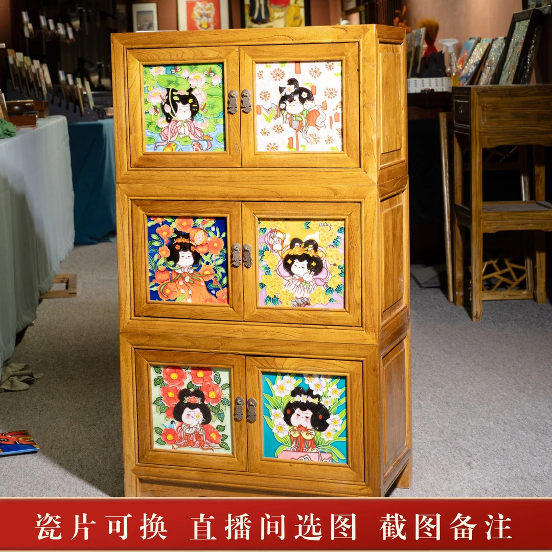 风化老榆木立体浮雕叠叠柜瓷板画复古柜子组合柜新中式